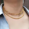 Elegant punk dubbelskiktad choker halsband pappersklipp fyrkantig vetekedja guld färg rostfritt stål kvinnor minimalis smycken dn203313z