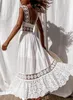 Grundlegendes Freizeitkleid, weißes, ausgehöhltes Baumwoll-Sommerkleid, Spitze, ärmellos, langes Spleißen, Sommerparty, eleganter Abend, Damenrock, Kleidung 231009