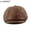 LA SPEZIA Khaki Men's Newsboy Gap Genuine Cowskin Leather Octagonal Cap Male Beret Autumn Winter Men Vintage Duckbill Hats 20273i