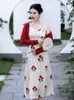 Casual Dresses 2023 Women White Floral Sexy Spaghetti Strap Dress Red Knitted Coat 2-Piece Sets Gentle Beach Party Summer Fashion Elegance