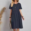 Party Dresses All SIzes Round Neck Short Sleeve Pocket Wrinkled Loose Dress Cotton Linen Long Style Solid Color