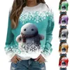 Женские футболки 2023, модный топ, осенне-зимняя футболка с принтом снеговика, повседневный свободный рождественский пуловер с длинными рукавами и круглым вырезом