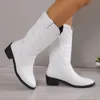 Boots White PU Leather Cowboy for Women Embroidered pointed toe Mid Calf Woman Plus Size 43 Slip-On Western Botas De Mujer 231009