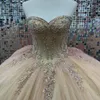 Champagne Glanzend Quinceanera Jurken Zoete Prinses Applique Kant Lange Mouwen Baljurk Verjaardagsfeestje Jurken Cape Vestidos De 15