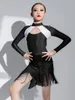 Stage Wear Latin Dance Dress Girls Practice Black Long Sleeve Rumba Samba Costume Kids Performance Suit Bodysuit Skirt VDB6102