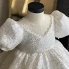 Shiny White Bling Flower Girl Big Bows Children's First Communion Princess Formal Tulle Ball Gown Wedding Birthday Christmas Halloween Party Dress 403