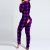 Women Jumpsuit Sexy Onesies One Piece Adults Sleepwear With BuFlap Plus Size Rompers Plaid V-neck Long Sleeve Pijama Overalls Wome265D