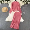 Work Dresses Casual Women Autumn Clothes Winter Warm Knitwear Solid V Neck Long Sleeve Sweater Cardigan And Elastic Waist Skirt Suits