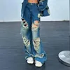 Jeans pour femmes Mode Femmes Streetwear Hip Hop Lâche Casual Vintage Trou cassé Large jambe Denim Baggy Pantalon Femme Ripped