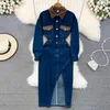 Casual Dresses High Quality Vintage Elegant Long Sleeve Turn-down Collar Wth Pocket Split A-line Jean Women Dress2813