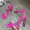 Terlik Eilyken Yaz Kristal Süslenmiş Yüksek Topuk Sandal Pırlanta Açık Ayak Bileği Kayışı İpek Satin Ziyafet Ayakkabıları 231007