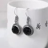 Boucles d'oreilles pendantes FNJ Vintage rondes Agate noire 925 argent Original pur S925 Sterling boucle d'oreille goutte pour les femmes bijoux