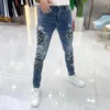 Jeans masculinos 2023 homens magro marca graffiti impresso primavera verão personalidade lavagem elástica magro homem pequeno pé denim calças