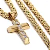 Chains High Polish Stainless Steel Gold Color Crystal Cross Pendant Necklace 6mm Heavy Byzantine Men Or Women Jewelry