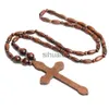 Collier chapelet croix catholique, 3 couleurs, perles en bois naturel, pendentif perlé fait à la main, bijoux religieux, vente en gros, x1009