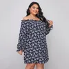 Robe grande taille, col Slash, imprimé Floral, tenue décontractée, manches longues à volants, épaules dénudées, tunique bleue, grande taille 6XL, printemps été