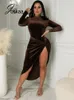 Work Dresses Joskaa Solid Velvet Long Sleeve Turtleneck Zipper Bodysuits Irregular High Split Knot Skirt Matching Winter 2023 Sexy