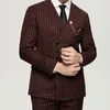 Men's Suits Fashion Wine Red Pinstripe Men 2 Pieces Groom Business Slim Fit Prom Wedding Tuxedos Blazer Jacket Pants Banquet