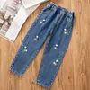 Byxor Baby Girls Jeans Casual Kids Cherry Lace Bell Bottoms Cowboy Pants Autumn Children Clothing 231007