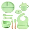 Tasses Vaisselle Ustensiles 9 pièces/ensemble cuillère en Silicone fourchette bavoir bol plat tasse alimentation enfant aspiration assiette à manger ronde sans BPA vaisselle antidérapante 231006