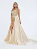 One Shoulder Sequin Dresses Long Satin Evening Gowns Formal Party Dress for Women with Detachable Train