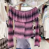 Женские свитера, винтажный свитер Mujer, топ для женщин, 2023, пуловер в полоску с вырезом в полоску и оборками, женский сексуальный пуловер с длинным рукавом, модная женская мода