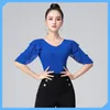 Stage Wear Latin Dance Competition Top Women V Neck Ruffled Short Sleeves Ballroom Practice Shirt Performance Dancewear