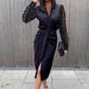 Casual Dresses Women Spring Elegant Party Lace Hollow Dress Solid Sexy Office Lady Business Slit Black Long Sleeve Off Shoulder Au260t