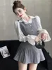 Arbeitskleider 2023 Herbst Elegante Frauen 3 Stück Set Koreanische Mode Weiße Bluse Dünne Weste Tops Hohe Taille Gefaltete Röcke Süße Weibliche Anzug