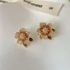 Stud Earrings Elegant Pink Crystal Flower For Women Advanced Design Sweet Green Enamel Leaves Simulated Pearls Jewelry Girl N664