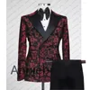 Costumes pour hommes 2023 Latset Mariage de luxe Bourgogne Jacquard pour hommes 3 pièces Costume Homme Mariage Floral Blazers Tuxedo Groom Ropa Hombre