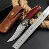 H1086 Flipper Klappmesser Damaststahl Trailing Point Klinge Palisandergriff Outdoor EDC Taschenmesser mit Lederscheide