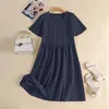 Party Dresses All SIzes Round Neck Short Sleeve Pocket Wrinkled Loose Dress Cotton Linen Long Style Solid Color