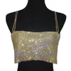 Kvinnors tankar 449B Kvinnor Glänsande Rhinestone Chain Tank Spaghetti Strap Backless Crop Top Sexig Silver Gold Color Vest för Night Club Party