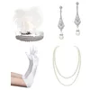 Hair Clips Girls Feather Headband With Etiquettes Gloves 1920s Earring&Pearl Necklace