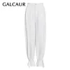 Women's Pants GALCAUR White Full Length Pant For Women High Waist Ruched Minimalism Pockets Loose Plus Size Wide Leg Trousers Female 2023