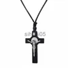Pendant Necklaces Religious INRI Crucifix Necklace for Men Women's Catholic Small Wooden Cross Necklace Pendant Jewelry Rope Chains Collier 60CM x1009