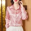 Vintage Silk Satin Floral Pink Bluses Long Sleeve Women Designer Jacquard Shirts 2023 Autumn Winter Runway Lapel Button Up Shirts Office Lady Fashion Graphic Tops