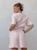 Mulheres sleepwear hiloc rosa manga curta algodão com decote em v noite wear para mulheres cintura alta conjuntos feminino 2023 outono casual