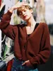 Cardigan tricoté à simple boutonnage pour femme, tricot ample, couleur unie, manches chauve-souris filetées, col en v, assorti avec tout, 2023