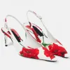 Sandales à talons hauts imprimées de fleurs rouges Bouts pointus Talon aiguille Mode pour femmes Sangle arrière Kitten Heel Slingback Chaussures de soirée 6,5 cm Chaussures de soirée de créateur