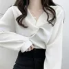 Mulheres Camisetas Manga Longa Camisetas Mulheres Dobras Temperamento Doce Outono Irregular Fêmeas Quente Suave Coreano Na moda Chegada Elegante Casual