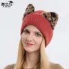 9865 nova lã coreano leopardo orelha de gato feminino elástico malha chapéu frio chapéu de esqui quente