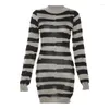 Casual Dresses Patchwork Stripe Knitted Mini Dress Fall Winter Women Fashion Full Sleeve Bodycon Short Clubwear Party Outfits Streetwear