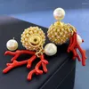 Boucles D'oreilles Clous Perle Blanche Double Perle Ronde Corail Rouge Plaqué Or Vintage Pour Femme