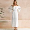 Sommar elegant off axel lång vit klänning kvinnor se genom spets ren mesh lapptäcke boho semester strand maxi casual klänningar2057