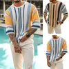 Pulls pour hommes Hommes Pull rayé imprimé col rond tricoté demi-manche couleur correspondant décontracté été automne printemps