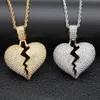 Iced out Broken Love Heart Pendant Necklaces Men's Bling Crystal rhinestone Love charm Gold Silver ed chain For women Hi248t