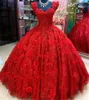 Luxo vermelho 3D floral quinceanera vestidos fora do ombro até o chão vestido de baile de renda para 16 meninas festa à noite evento formal costas rendas plus size robe