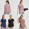 LU-1167 Femmes grande taille t-shirt longues fesses couverture mince vêtements de Yoga maille dos respirant à manches courtes hauts Fitness vêtements de sport